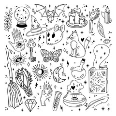 Set of trendy magic doodles in cute and playful colors. Witchcraft, moon spells, love potions, amulets and other cute details will be perfect for your project.