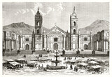 Fototapeta  - huge Arequipa cathedral overall front view, Peru, the fronting square and market with marquees on it. Ancient grey tone etching style art by Riou, Magasin Pittoresque, 1838