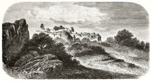 Badami, India. Little Town Surrounded By Sandstone Cliff And Nature. Ancient Grey Tone Etching Style Art By De Bar, Magasin Pittoresque, 1838