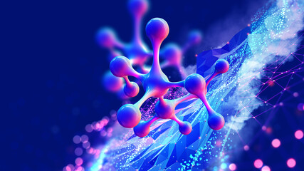 Wall Mural - Molecule 3D illustration. Computer simulation and laboratory experiments. Decoding genome. Virtual modeling of chemical processes. Hi-tech in medicine
