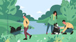 © IrDesign - Young people remove garbage, plastic in nature near the river. Volunteers and ecologists clean the environment from waste. Flat vector illustration