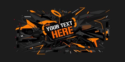 Dark Black And Orange Neon Abstract Geometric Graffiti Style Banner, Art Vector Illustration