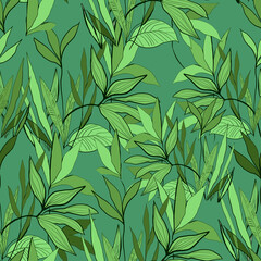 Pattern with tropical plants in green colours on green background