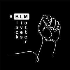 Black lives matter vector poster, banner with fist. One line drawing illustration with text BLM, black lives matter