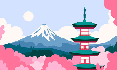 Japan landscape flat cartoon illustration. Beautiful mountain, forest, ancient building  banner design. Asian nature, touristic printing card