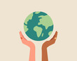 Different race hands holding globe, earth. Earth day concept. Earth day vector illustration for poster, banner,print,web. Saving the planet,environment together.Modern cartoon flat style illustration