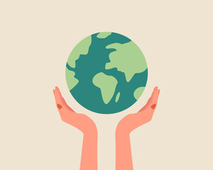 Hands holding globe, earth. Earth day concept. Earth day vector illustration for poster, banner,print,web. Saving the planet,environment.Modern cartoon flat style illustration