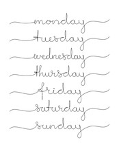 Days Of The Week Set. Continuous One Line Drawing. Minimalistic Art. Vector Illustration.