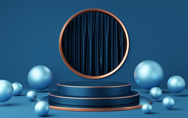 Wall Mural - Empty blue and black cylinder podium with copper border, ball on gold circle arch, curtain background. Abstract minimal studio geometric shape. Pedestal mockup space for product design. 3d rendering.