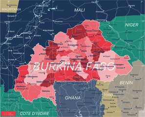 Sticker - Burkina Faso country detailed editable map with regions cities and towns, roads and railways, geographic sites. Vector EPS-10 file