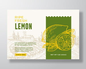 Wall Mural - Ripe Fresh Lemon Food Label Template. Abstract Vector Packaging Design Layout. Modern Typography Banner with Hand Drawn Citrus Fruit and Rural Landscape Background. Isolated