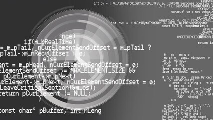 Poster - animation of circular scope scanning with clock hands and information in white on grey