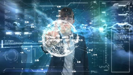 Poster - Animation of businessman using digital interface showing world map and information