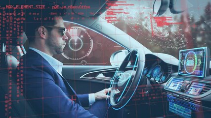 Animation of information displays with man using self driving car