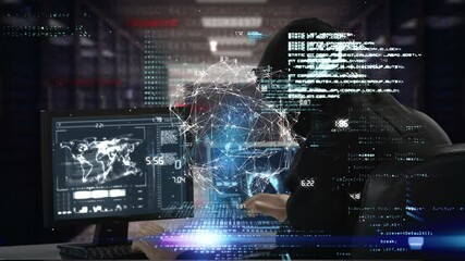 Poster - Animation of interface showing data and network with hooded hacker using computer in server room