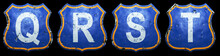 Set Of Public Road Signs In Blue And Orange Color With A Capitol White Letters Q, R, S, T In The Center Isolated Black Background. 3d