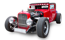 Classical American Horsepower Red Hot Rod. White Background.