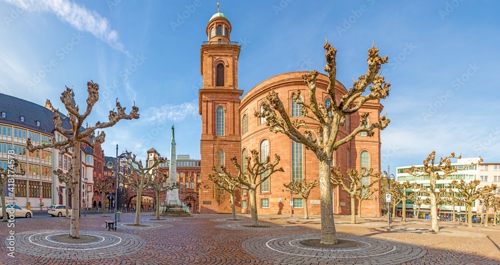 Panorama picture of Frankfurt Pauls Square with historic Paulskirche church against blue sky and sunshine - obrazy, fototapety, plakaty 