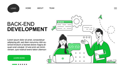 Male and female characters are working on back-end development. Concept of development, coding and software engineering. Website, web page, landing page template. Flat cartoon vector illustration
