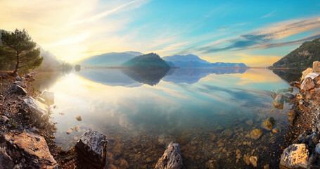 Wall Mural - panorama of mountain lake koycegiz at sunset in turkey
