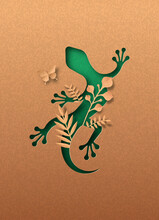 Green Lizard Animal Paper Cut Nature Leaf Concept