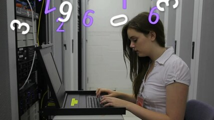 Poster - Animation of numbers changing over woman using laptop in computer server tech room