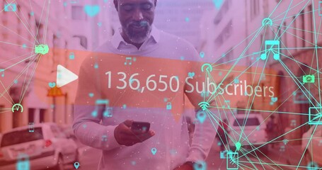 Poster - Animation of networks with subscribers text and numbers with digital icons over man using smartphone