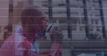 Poster - Animation of financial data processing over african american man having coffee