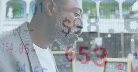 Poster - Animation of financial data processing over african american man eating sandwich