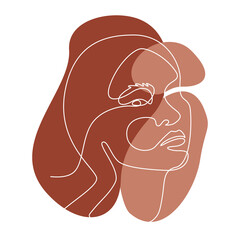 Poster - Abstract line wall art with Asian women face. Modern Continuous one line drawing. Minimalist wall art with different shapes terracota colors for wall decoration. Vector illustration
