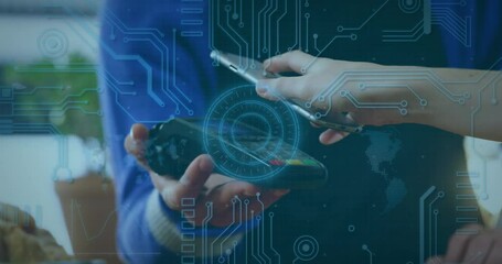 Poster - Animation of data processing, scope scanning over woman paying with smartphone