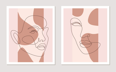 Wall Mural - Abstract line wall art vector set with women faces. Continuous one line drawing. Minimalist wall art with different shapes terracota colors for wall decoration. Vector illustration