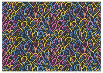 Wall Mural - Horizontal pattern of graffiti hearts. Image for a poster or cover. Vector illustration. Repeating texture. Figure for textiles.