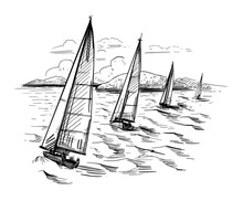 Landscape With Yachts And The Sea. Outline Vector Illustration. Yachting . Black On Transparent Backgroun