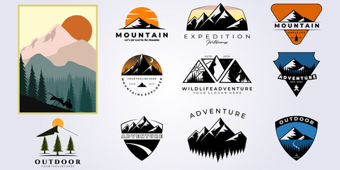 set and bundle of mountain adventure outdoor camping logo vector illustration design collection , camping, wild, life, style, hobby, sport