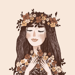 illustration of a cute beautiful girl with dark hair, flowers in her hair, a bunch of flowers in her hands and with closed eyes