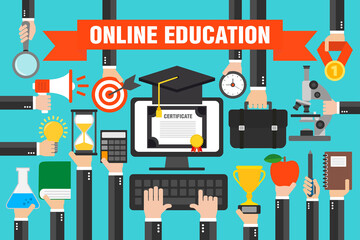 Flat design concepts online education, e-learning with computer. Vector illustration
