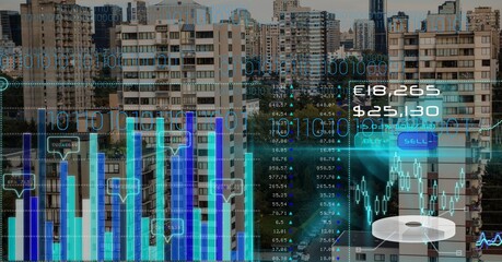 Poster - Financial data processing over modern cityscape in background