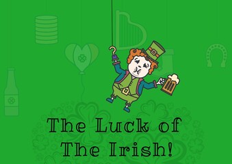 Sticker - The luck of the irish text with leprechauns holding glass of beer on patterned green background