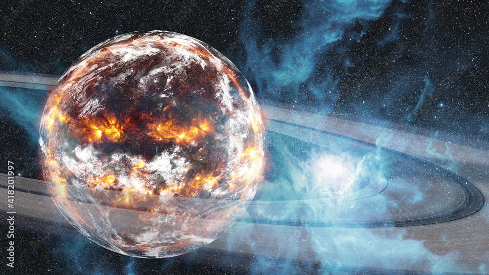 Exploading exoplanet Earth with ring in outer space. Science astronomy ...