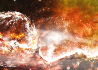 Wall Mural - exploading exoplanet earth with ring in outer space. science fiction. 3d rendered illustration. elem