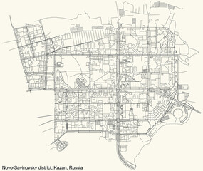 Wall Mural - Black simple detailed street roads map on vintage beige background of the quarter Novo-Savinovsky district (raion) of Kazan, Russia