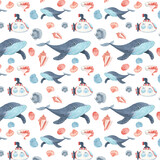 Fototapeta Pokój dzieciecy - seamless pattern with blue whale submarine and shells