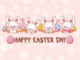 Fototapeta Kwiaty - Cute bunny with easter eggs decorated. cartoon character illustration happy easter day concept.