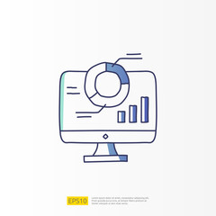 Poster - data collection and analysis concept doodle gradient fill line icon with graphic chart on pc screen monitor. Statistics science, machine learning process related for business strategy illustration