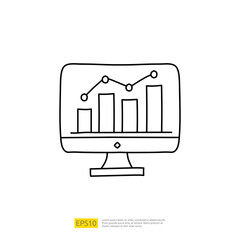 Poster - data collection and analysis concept doodle linear icon with graphic chart on pc screen monitor. Statistics science technology, machine learning process related for business strategy illustration