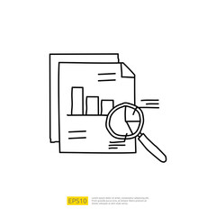 Poster - data analysis concept doodle linear icon with magnifier and graphic chart document. statistics scien