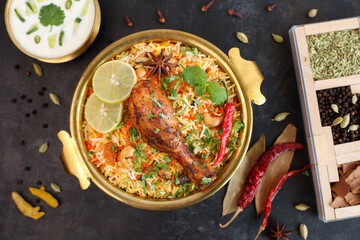 Poster - Chicken biryani Spicy Indian Malabar biryani Hyderabadi biryani, Dum Biriyani pulao golden bowl  Kerala India Sri Lanka Pakistan basmati rice mixed rice dish with meat curry Ramadan Kareem, Eid