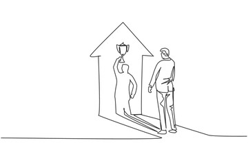 Poster - Single one line drawing of young smart business man facing lifting trophy shadow. Business financial market growth minimal concept. Modern continuous line draw design graphic vector illustration