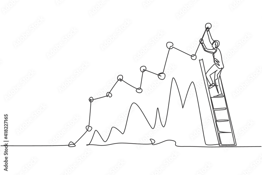 Single continuous line drawing of young business man climbing stair to ...